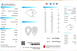NGIC certificate for 1.077ct pear fancy vivid yellow VS1 lab diamond (NPA2960)
