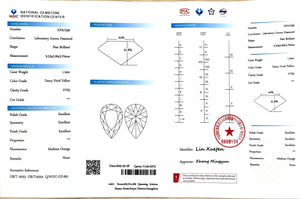 NGIC certification for 1.24ct pear cut fancy vivid yellow VVS2 lab diamond