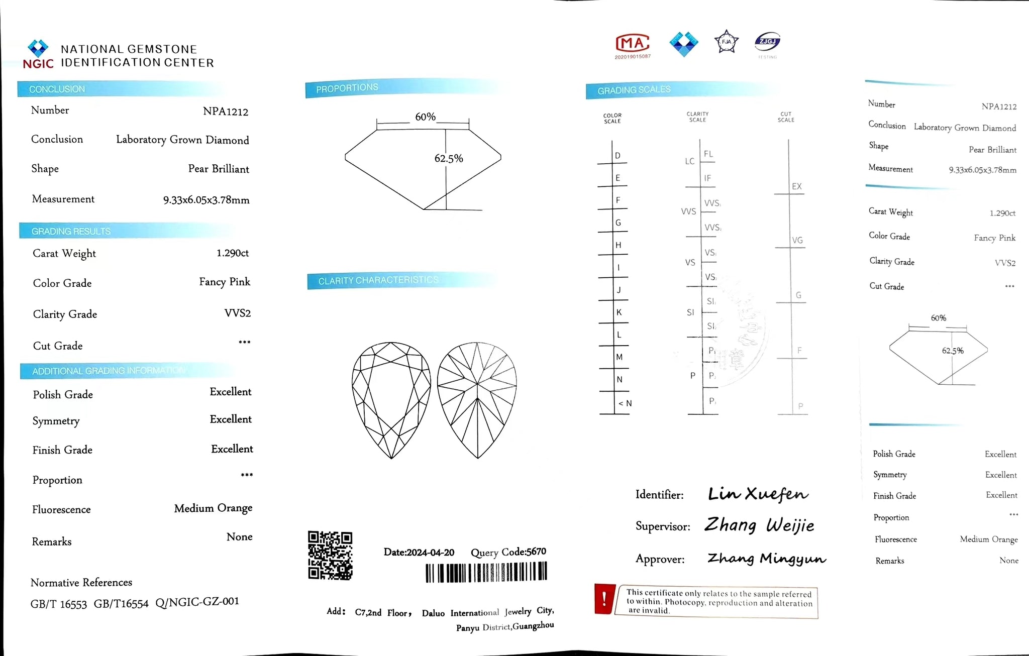 "NGIC certificate for 1.290ct pear cut fancy pink VVS2 lab diamond"