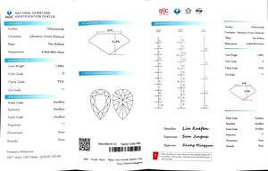 "NGIC certificate for 1.306ct pear cut D color VVS1 lab diamond