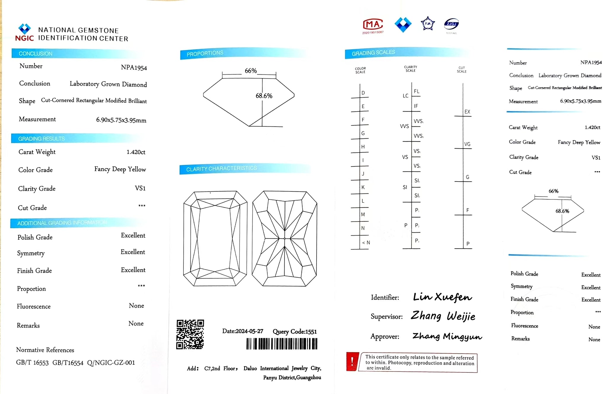NGIC certificate for 1.420ct radiant Fancy Coffee Brown VS1 lab diamond