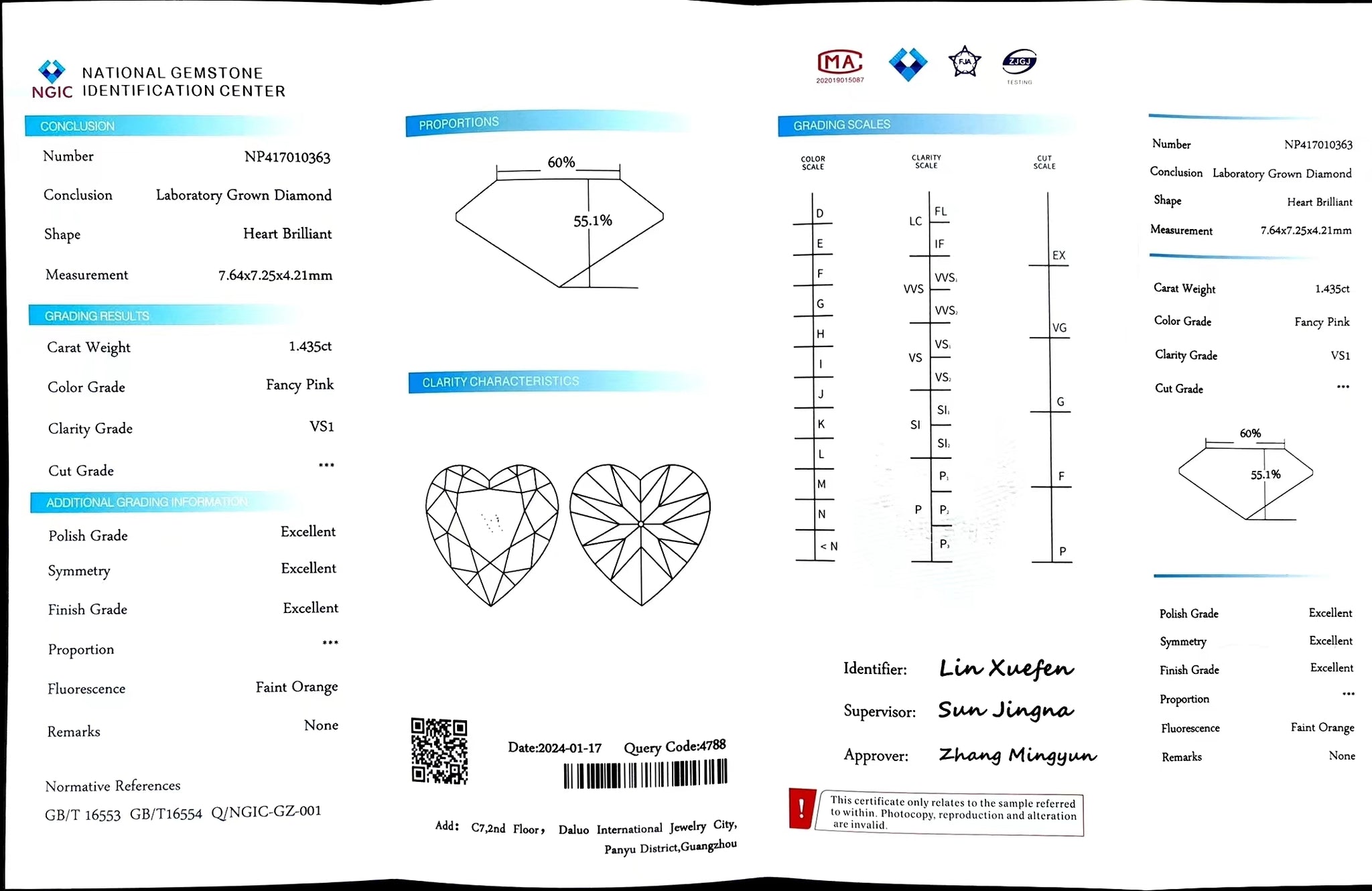 "NGIC certificate for 1.435ct heart cut fancy pink VS1 lab diamond"