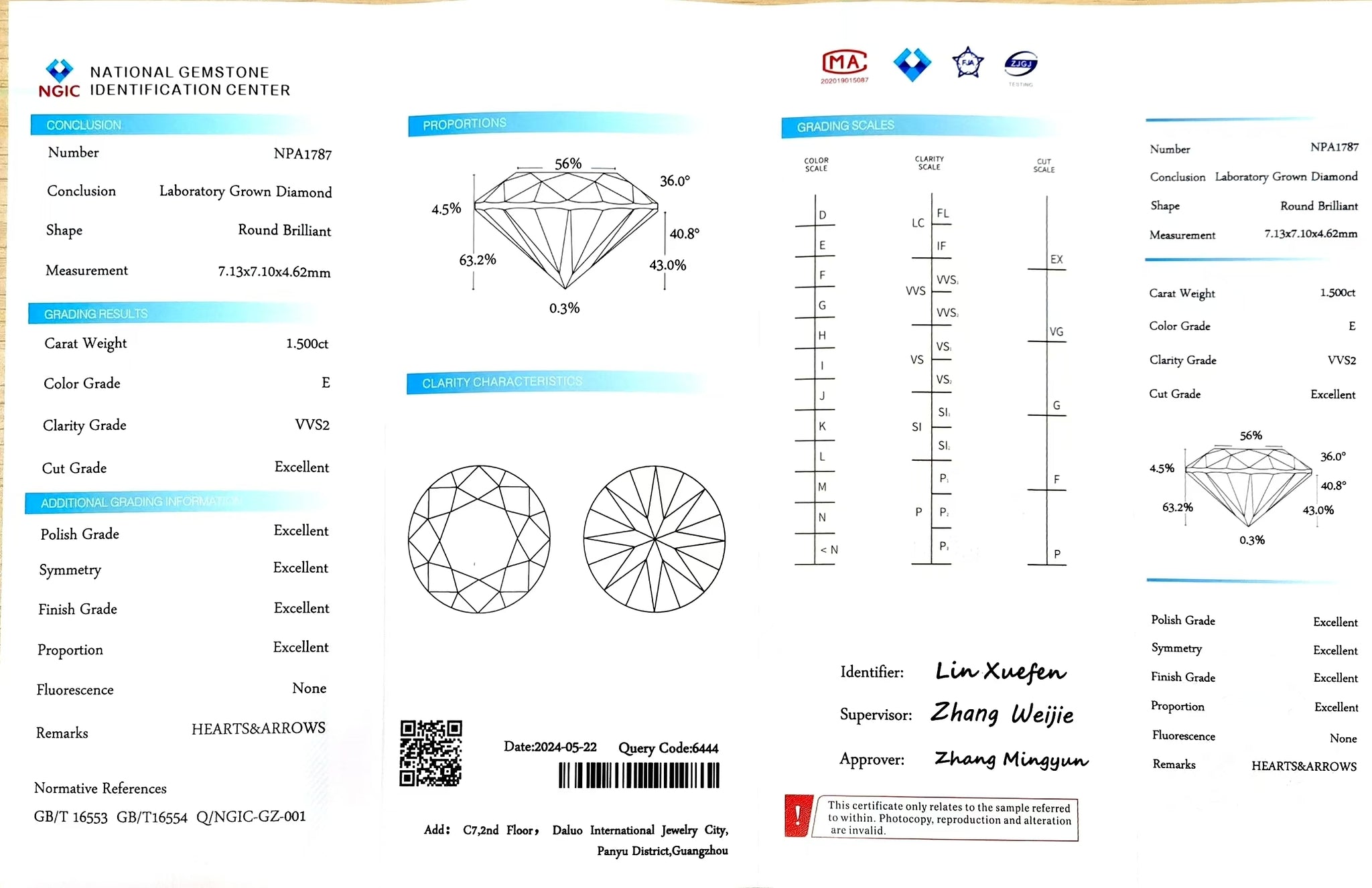 NGIC certificate for 1.500ct round E color VVS2 lab diamond