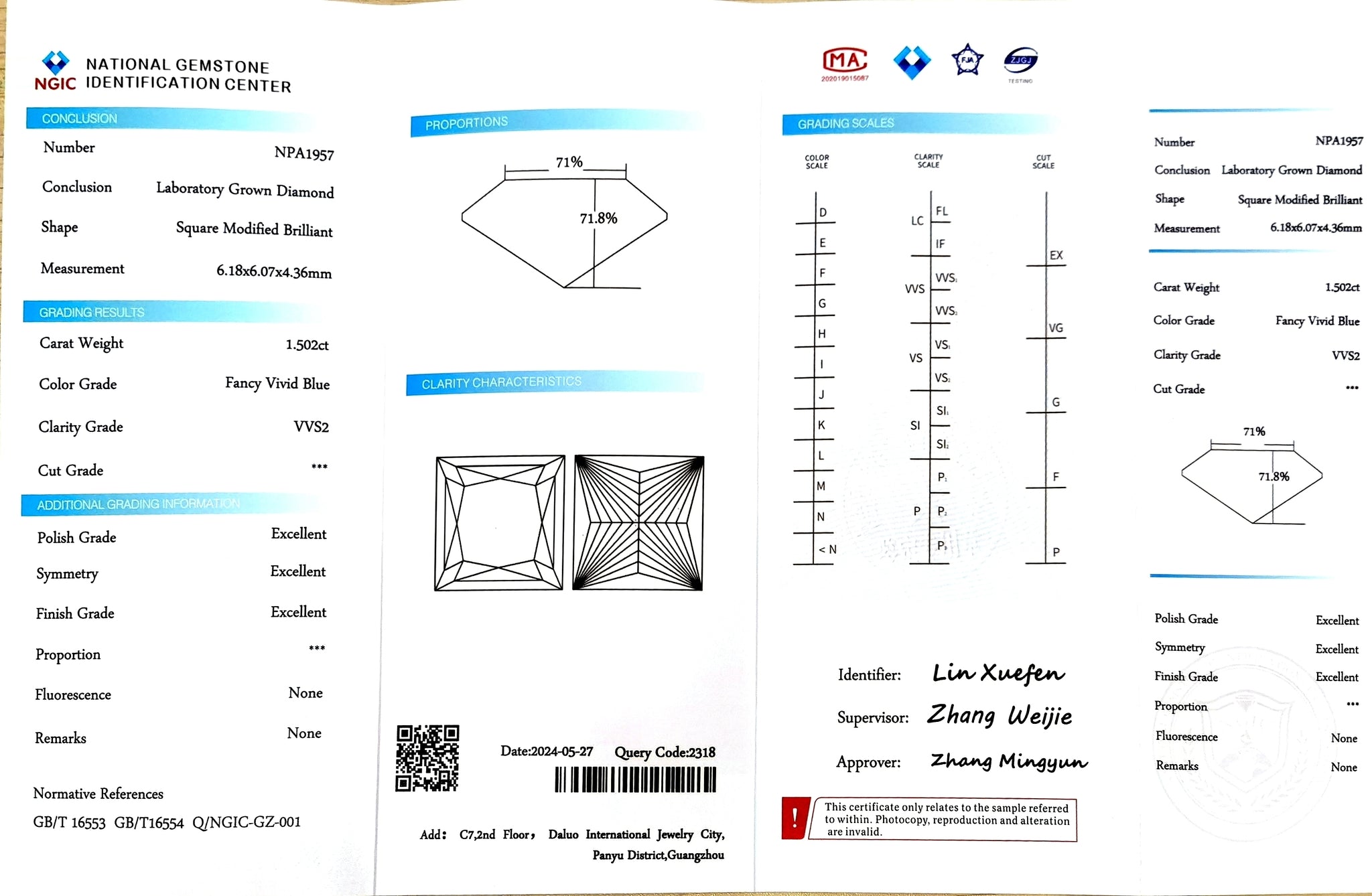 NGIC certificate for 1.502ct princess Fancy Vivid Blue VVS2 lab diamond