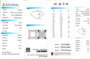 NGIC certificate for 1.502ct princess Fancy Vivid Blue VVS2 lab diamond