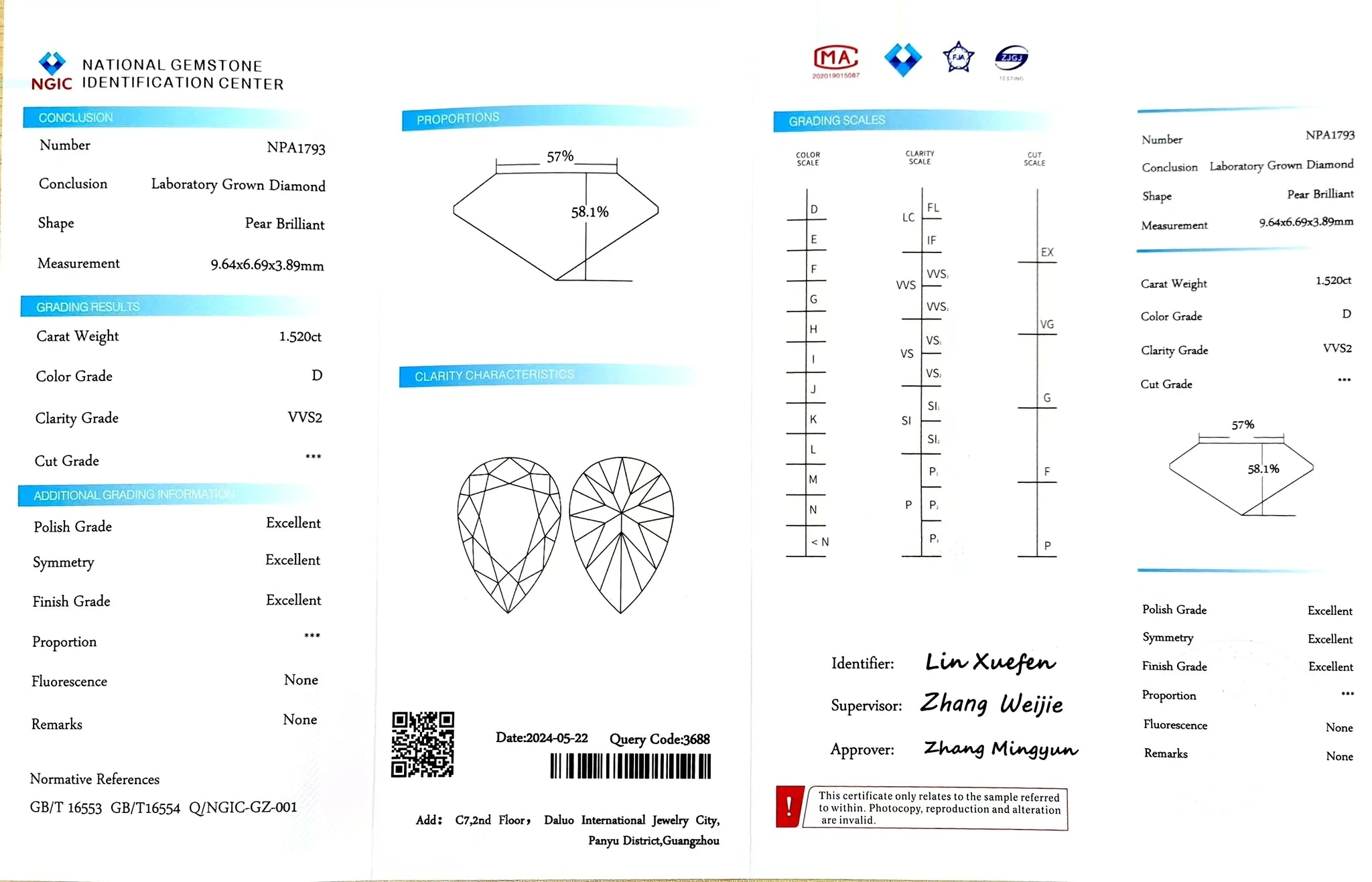 NGIC certificate for 1.520ct pear D color VVS2 lab diamond