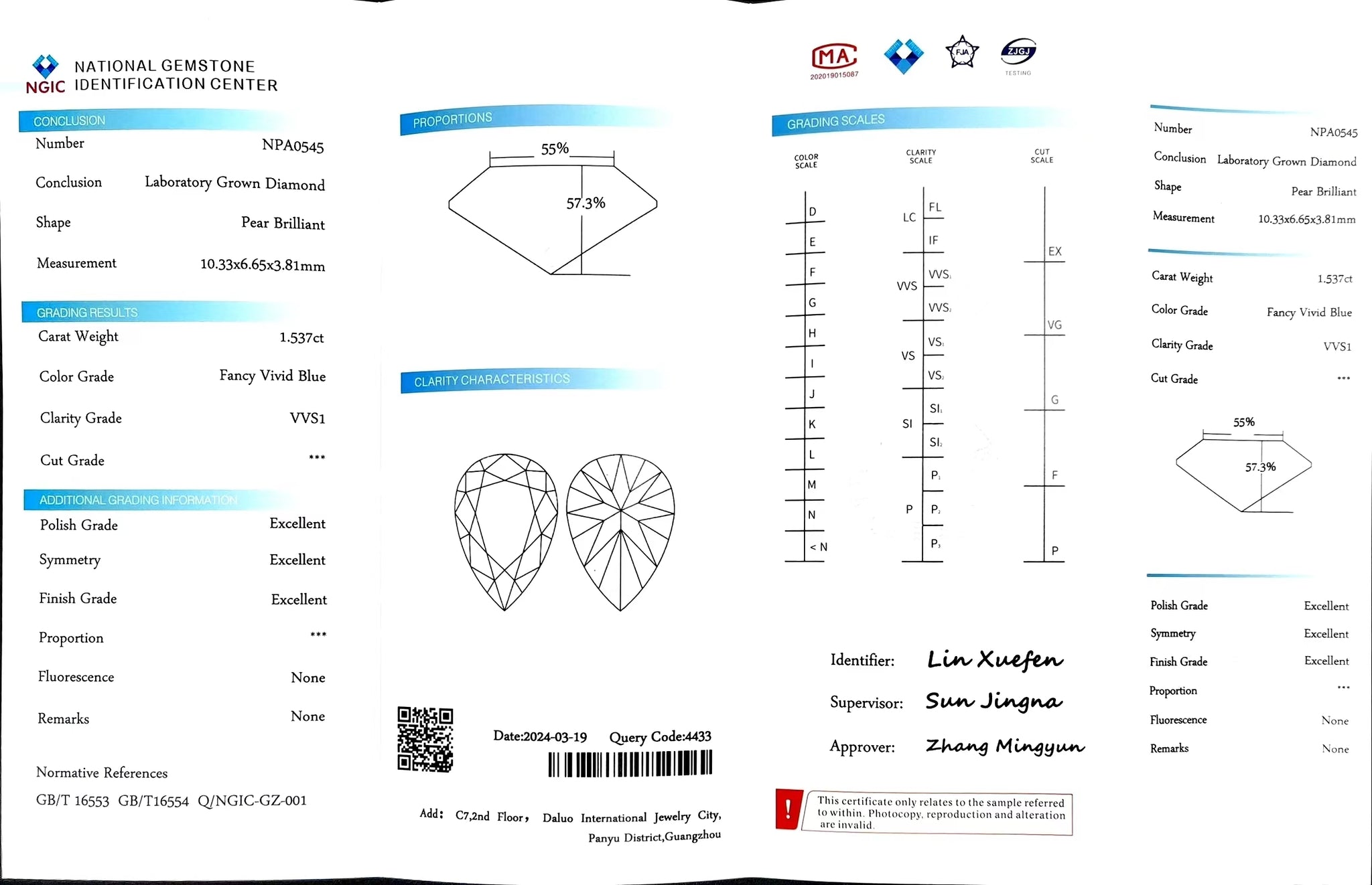 "NGIC certificate for 1.537ct pear cut fancy vivid blue VVS1 lab diamond"