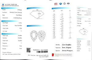 "NGIC certificate for 1.537ct pear cut fancy vivid blue VVS1 lab diamond"