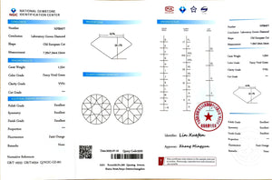 "NGIC certificate for 1.53ct old Euro cut round lab grown diamond with fancy vivid green color"