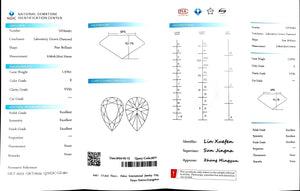 "NGIC certificate for 1.570ct pear cut E color VVS2 lab diamond"