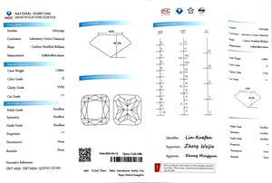 "NGIC certificate for 1.590ct cushion cut D color VVS2 lab diamond"