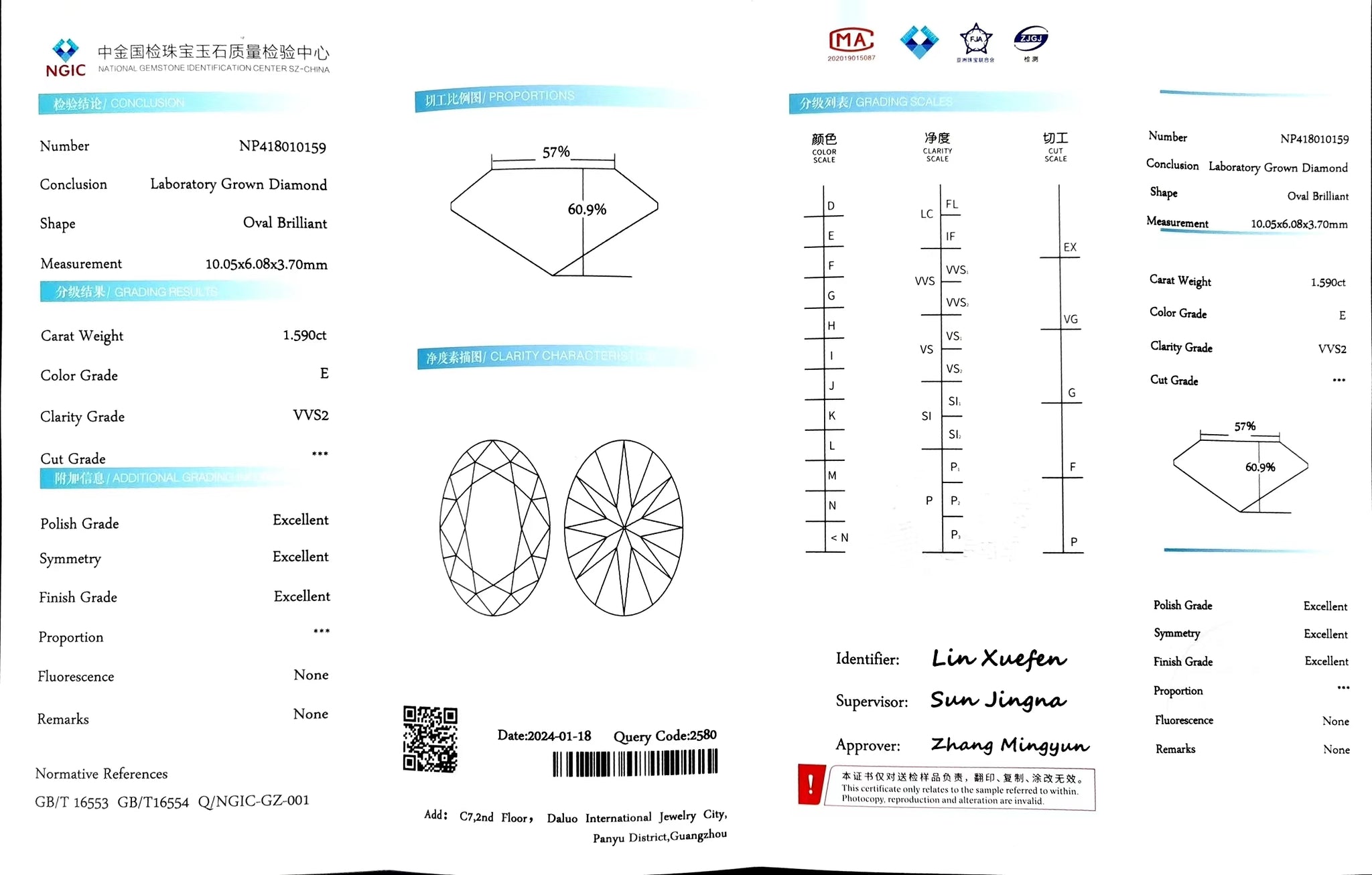 "NGIC certificate for 1.590ct oval cut E color VVS2 lab diamond"