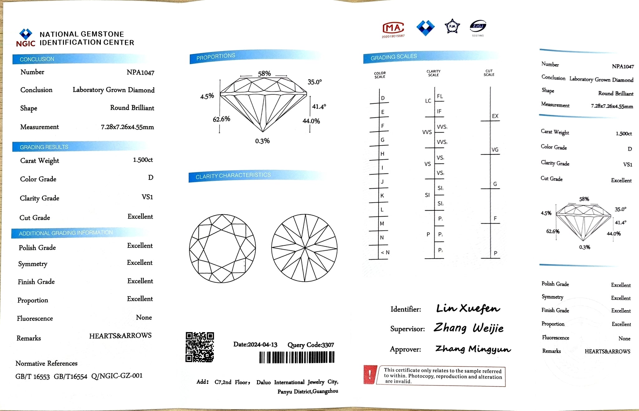 1.5ct Round Lab Diamond – D Color VS1 Clarity Excellent Cut | NGIC Certified