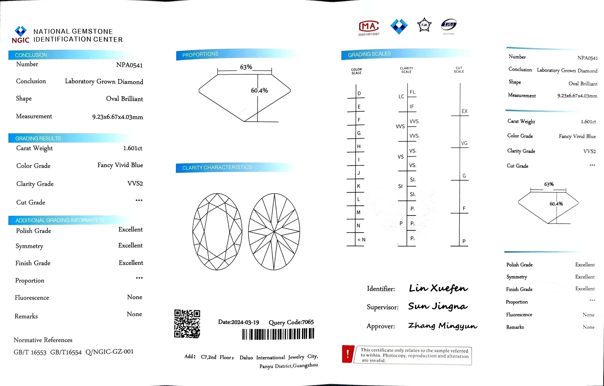 "NGIC certificate for 1.601ct oval cut fancy vivid blue VVS2 lab diamond"