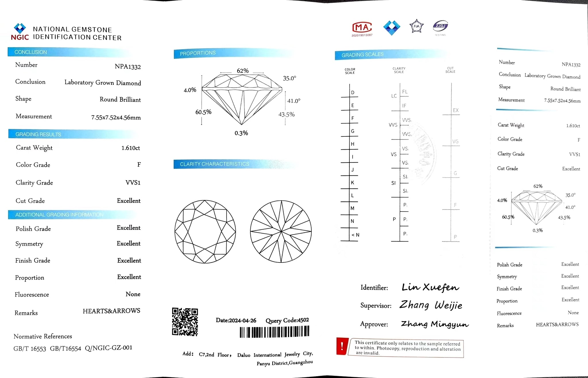 "NGIC certificate for 1.610ct round cut F color VVS1 lab diamond"