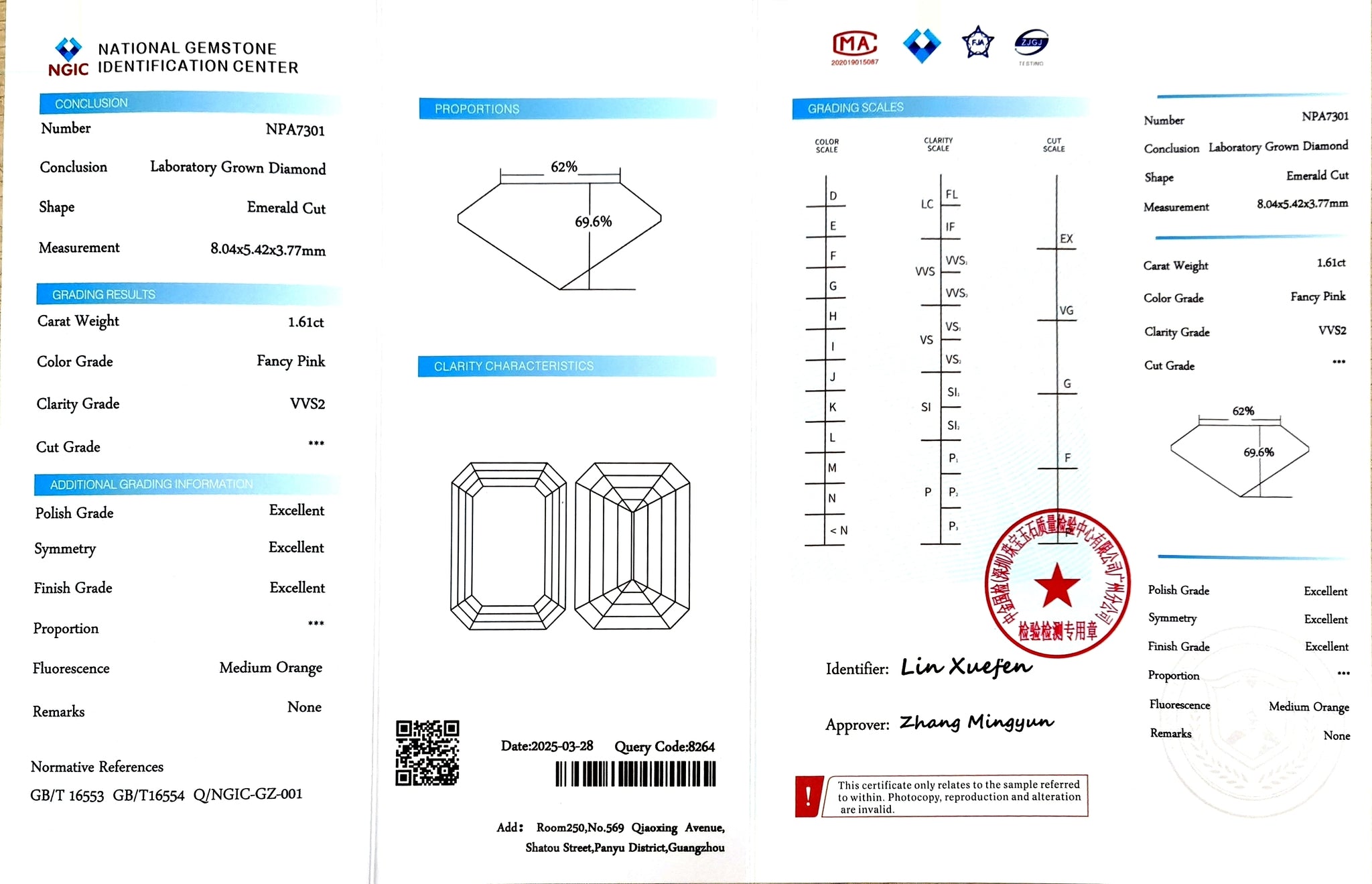 NGIC certification for 1.61ct Emerald Fancy Pink VVS2 lab diamond