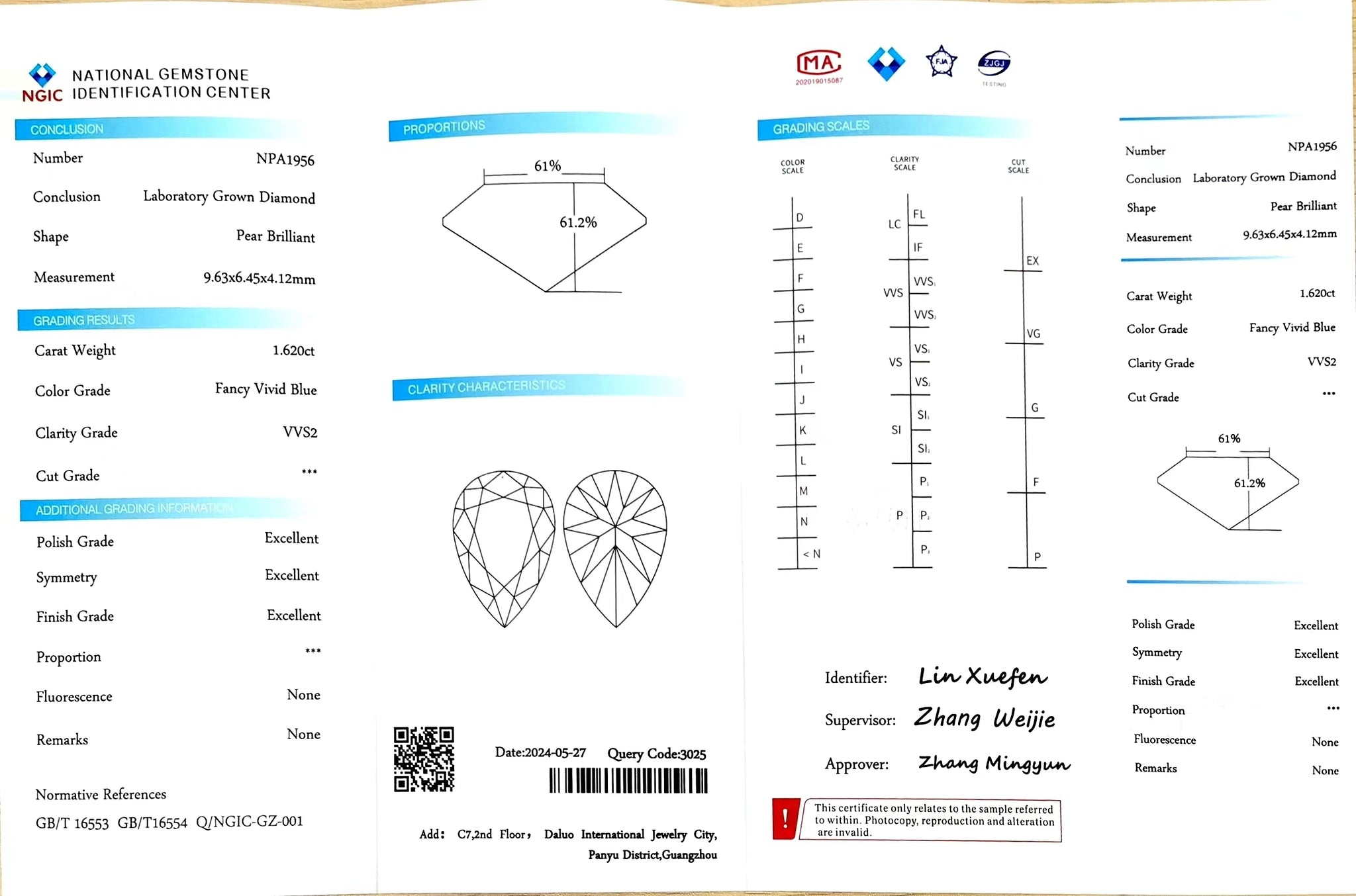 NGIC certificate for 1.620ct pear Fancy Vivid Blue VVS2 lab diamond