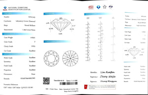 "NGIC certificate for 1.625ct round cut F color VVS1 lab diamond"