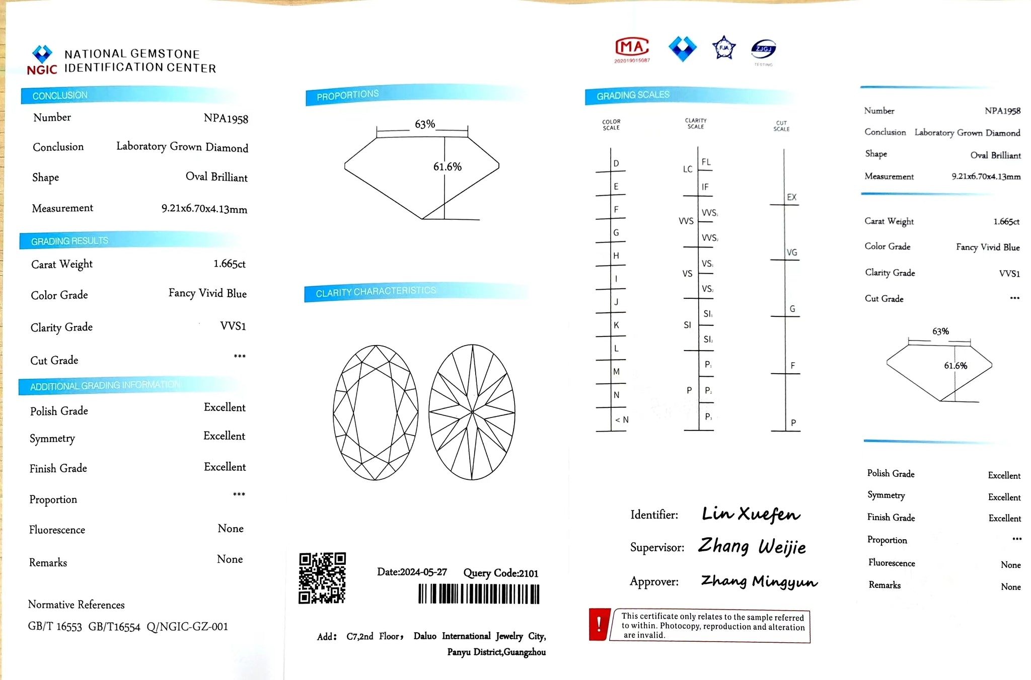 NGIC certificate for 1.665ct oval Fancy Vivid Blue VVS1 lab diamond