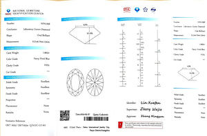 NGIC certificate for 1.665ct oval Fancy Vivid Blue VVS1 lab diamond
