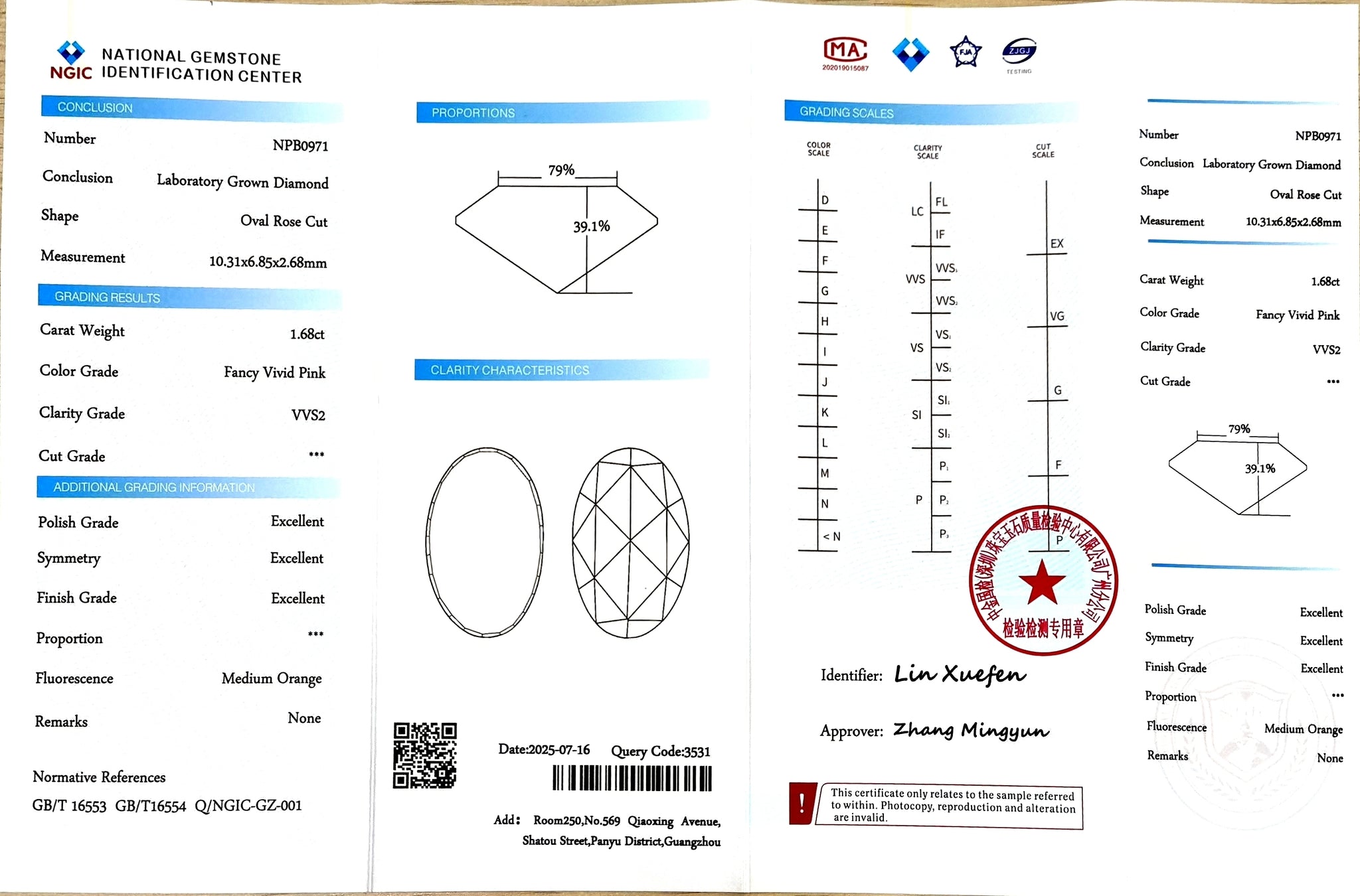 "NGIC certificate for 1.68ct oval rose cut fancy vivid pink VVS2 lab diamond"