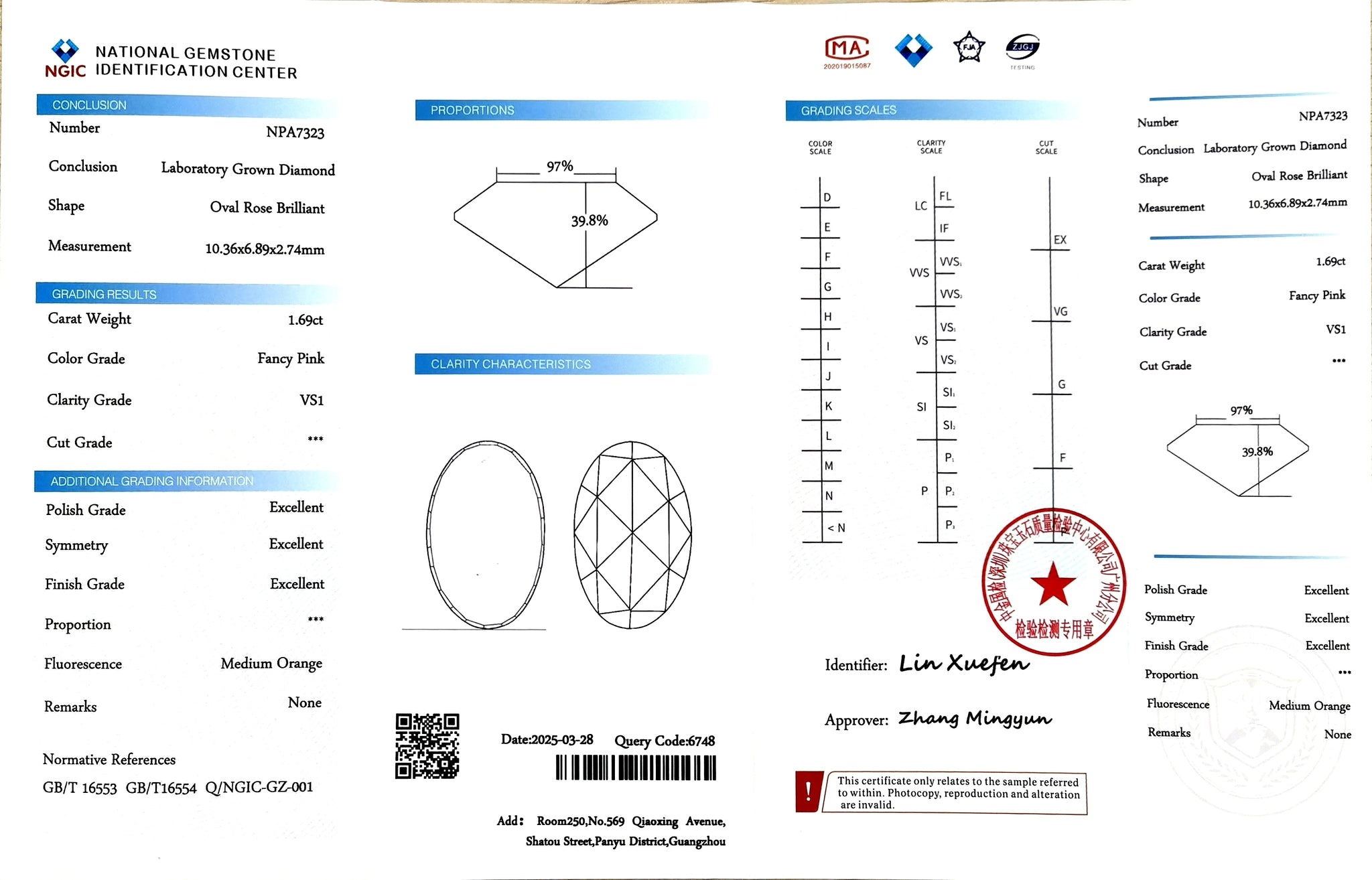 NGIC certificate for 1.69ct oval rose cut fancy pink VS1 lab diamond