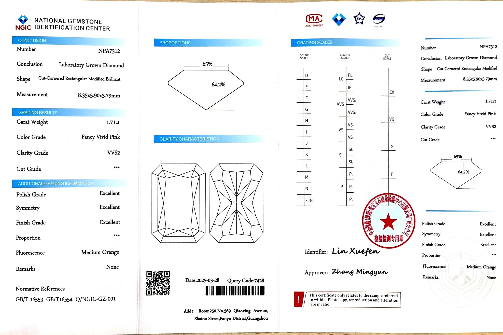 NGIC certificate for 1.71ct radiant cut fancy vivid pink VVS2 lab diamond