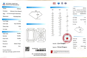 NGIC certificate for 1.71ct radiant cut fancy vivid pink VVS2 lab diamond