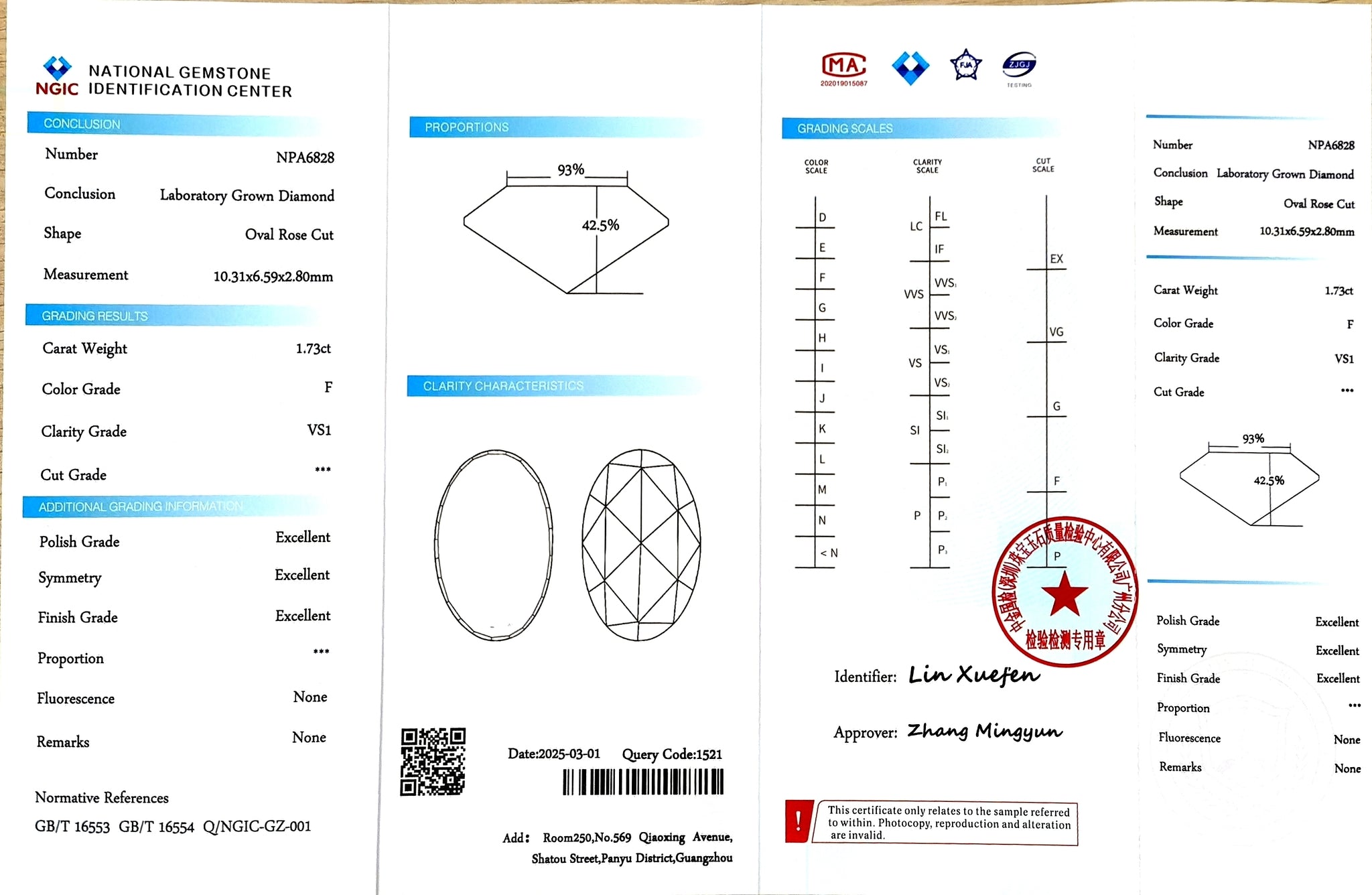 NGIC report for 1.73ct Oval Rose Cut F VS1 lab diamond