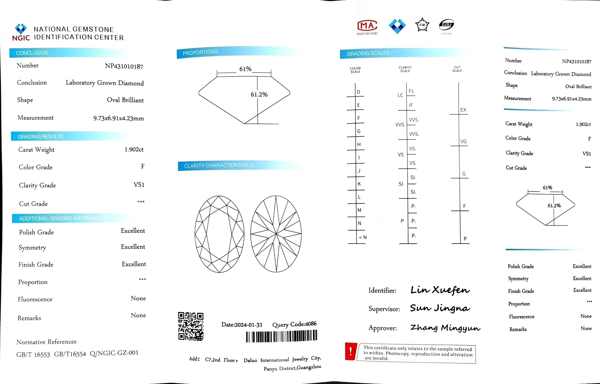 "NGIC certificate for 1.902ct oval cut F color VS1 lab diamond"