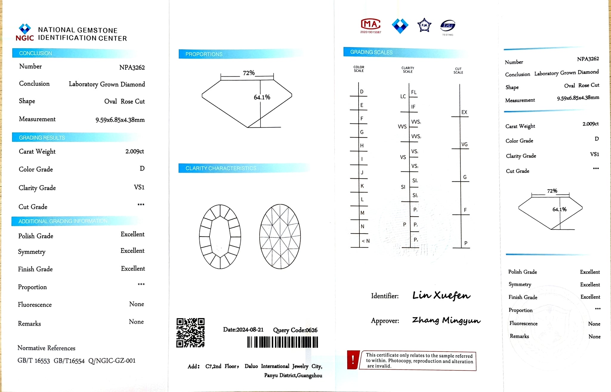 NGIC report for 2.009ct Oval Rose Cut D VS1 lab diamond