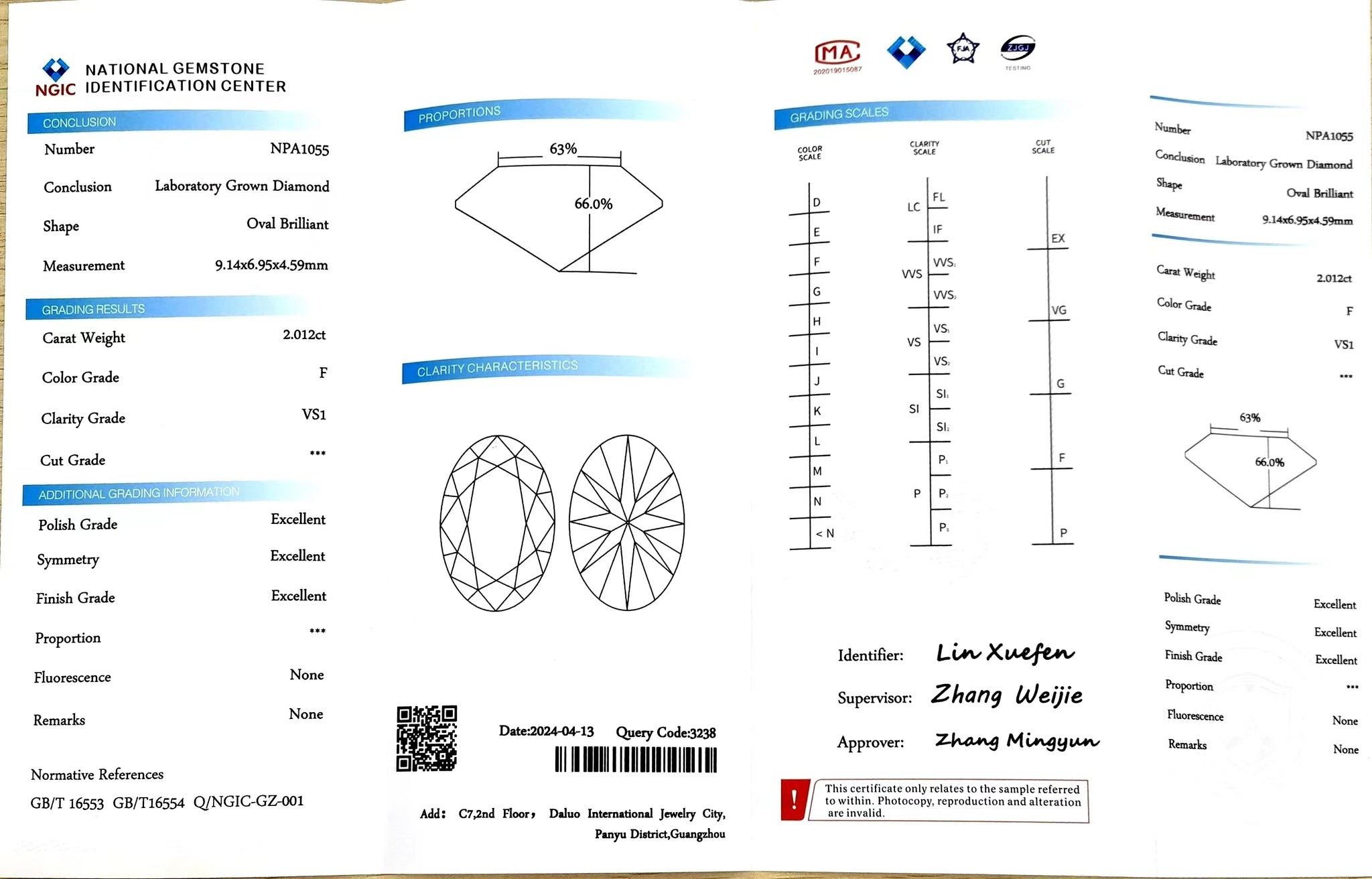 "NGIC certificate for 2.012ct oval cut F color VS1 lab diamond"