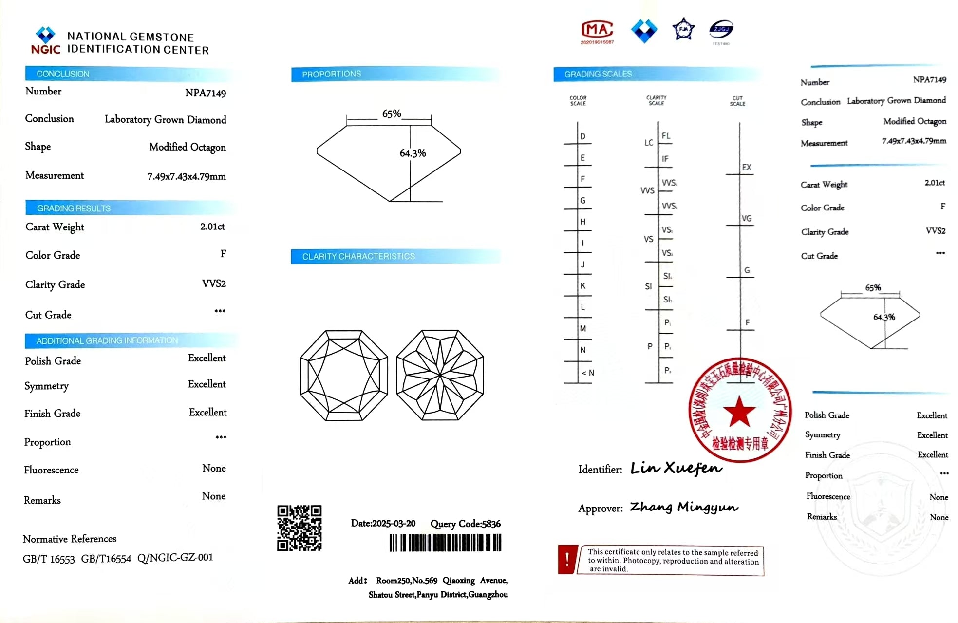 NGIC certificate for 2.01ct modified octagon F/VVS2 lab diamond (NPA7149)