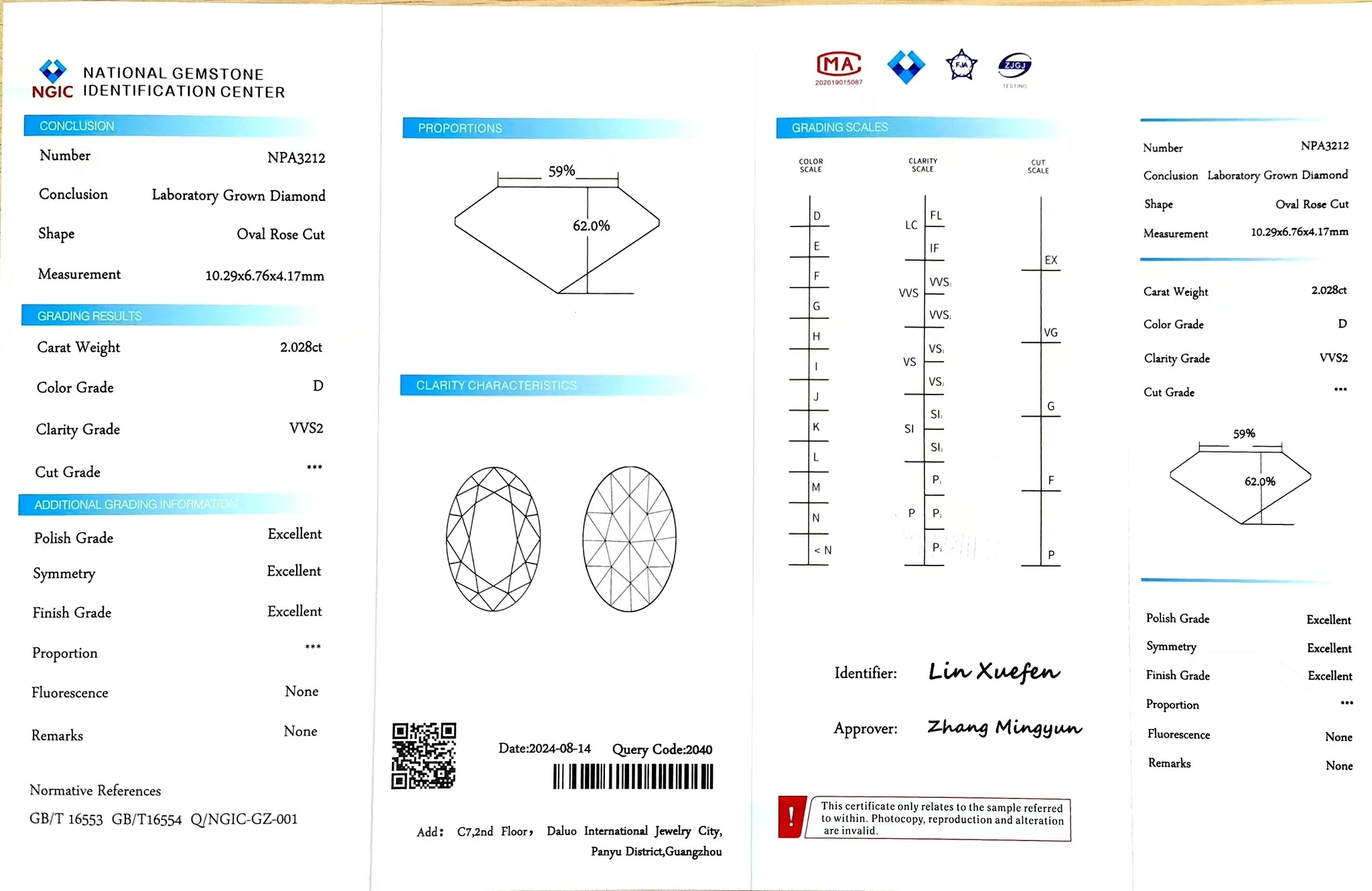 NGIC certificate for 2.028ct oval rose cut D color VVS2 clarity lab-grown diamond