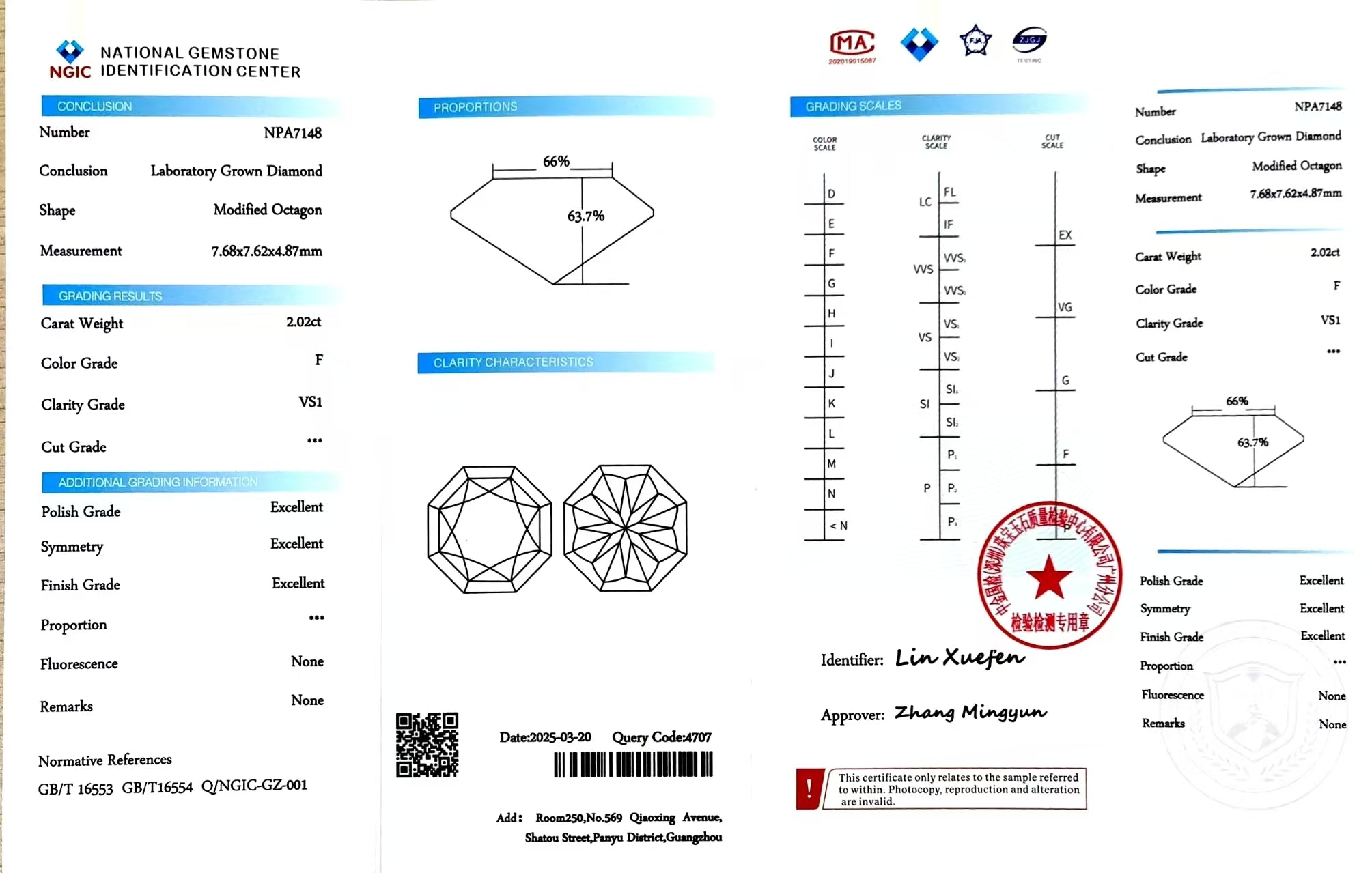 NGIC report for 2.02ct modified octagon F/VS1 lab diamond (NPA7148)
