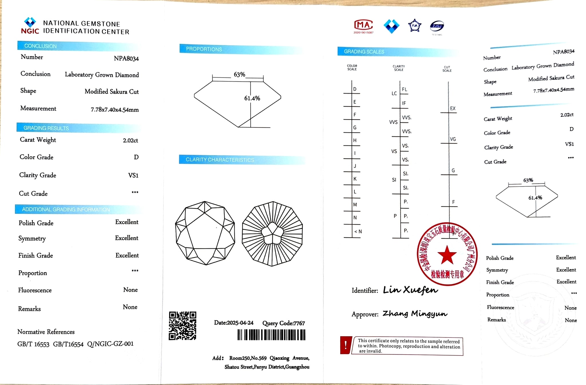 NGIC certificate for 2.02ct sakura cut D color VS1 lab diamond