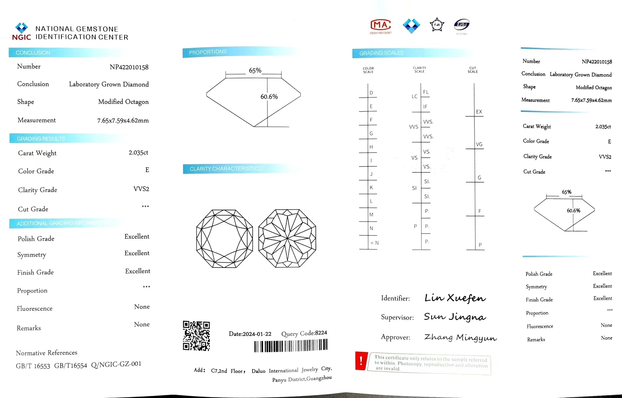 "NGIC certificate for 2.035ct modified octagon cut E color VVS2 lab diamond"