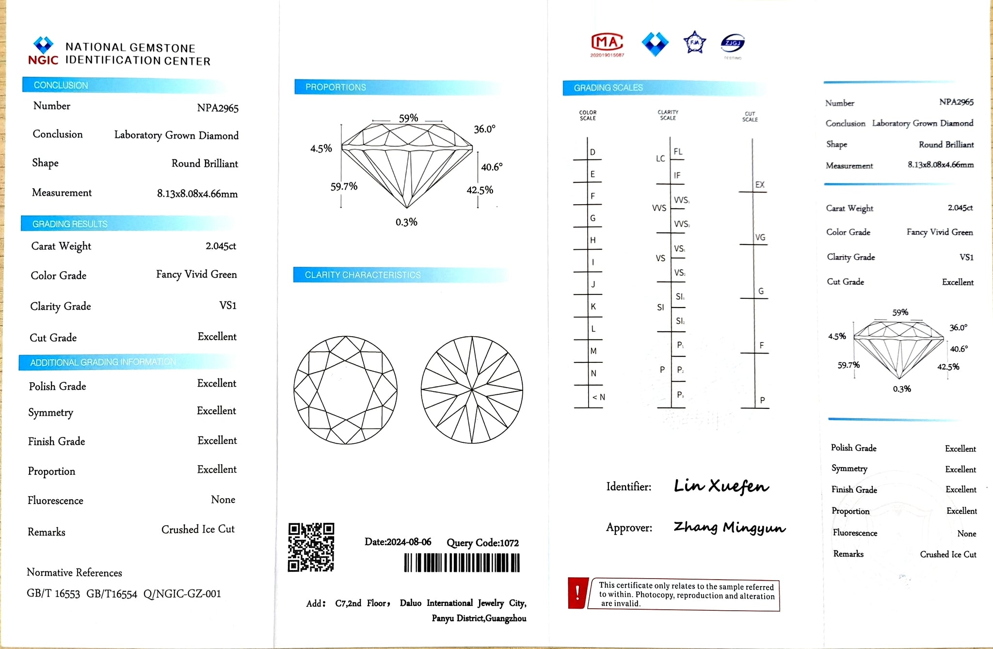 NGIC certificate for 2.045ct round fancy vivid green VS1 lab diamond (NPA2965)