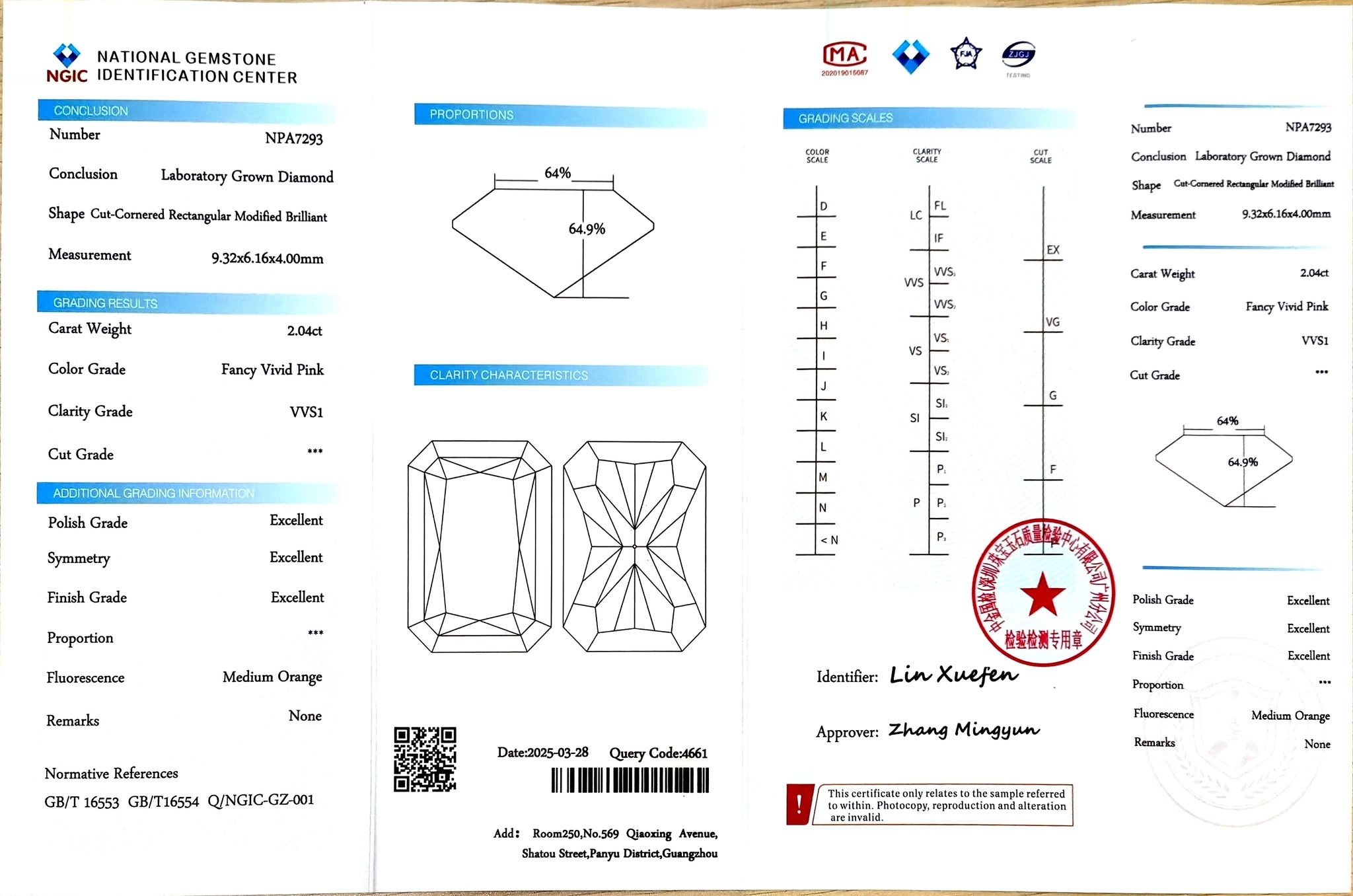 NGIC certification for 2.04ct radiant cut fancy vivid pink VVS1 lab diamond