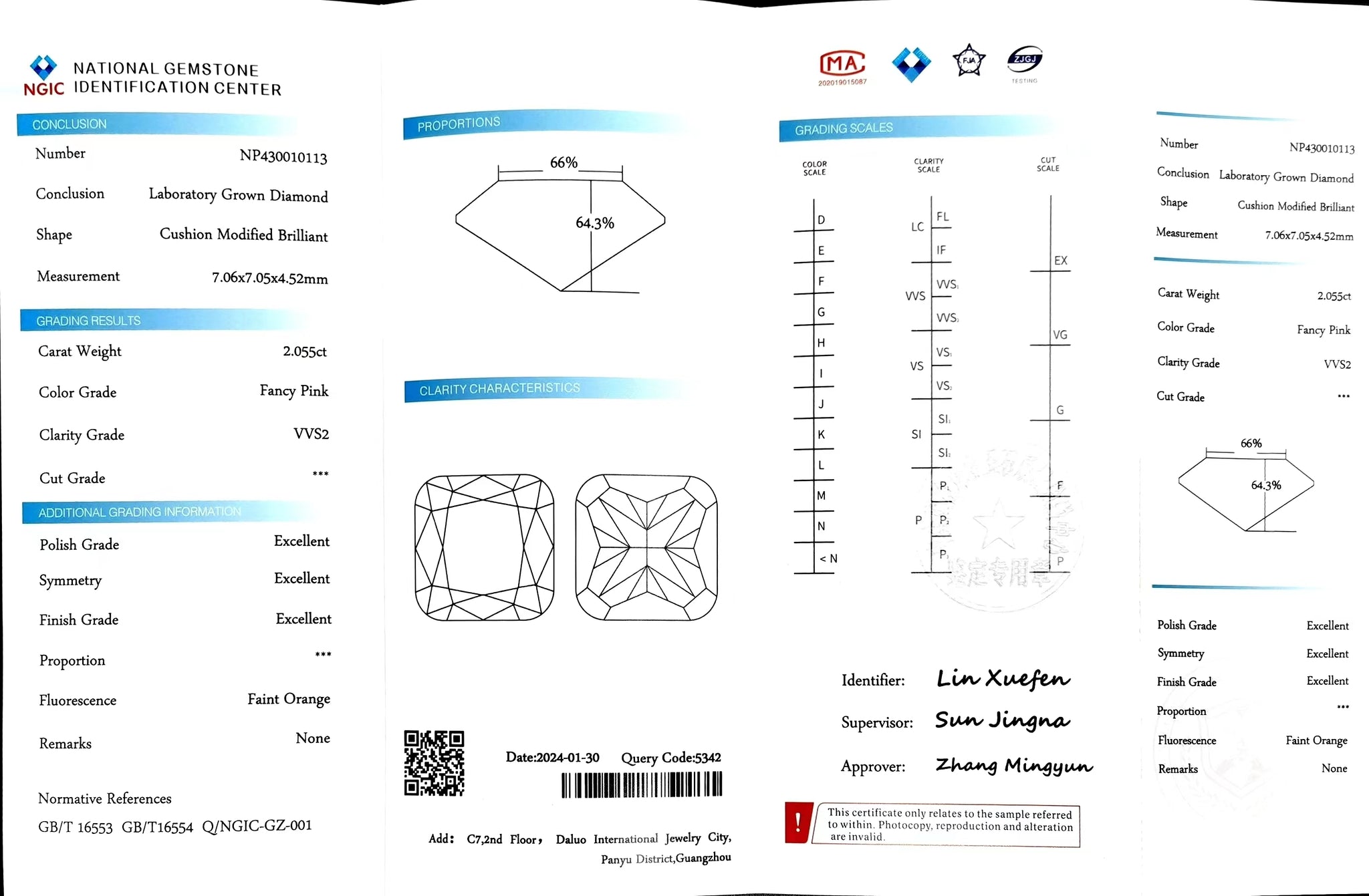 "NGIC certificate for 2.055ct cushion cut fancy pink VVS2 lab diamond"