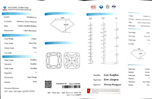 "NGIC certificate for 2.055ct cushion cut fancy pink VVS2 lab diamond"