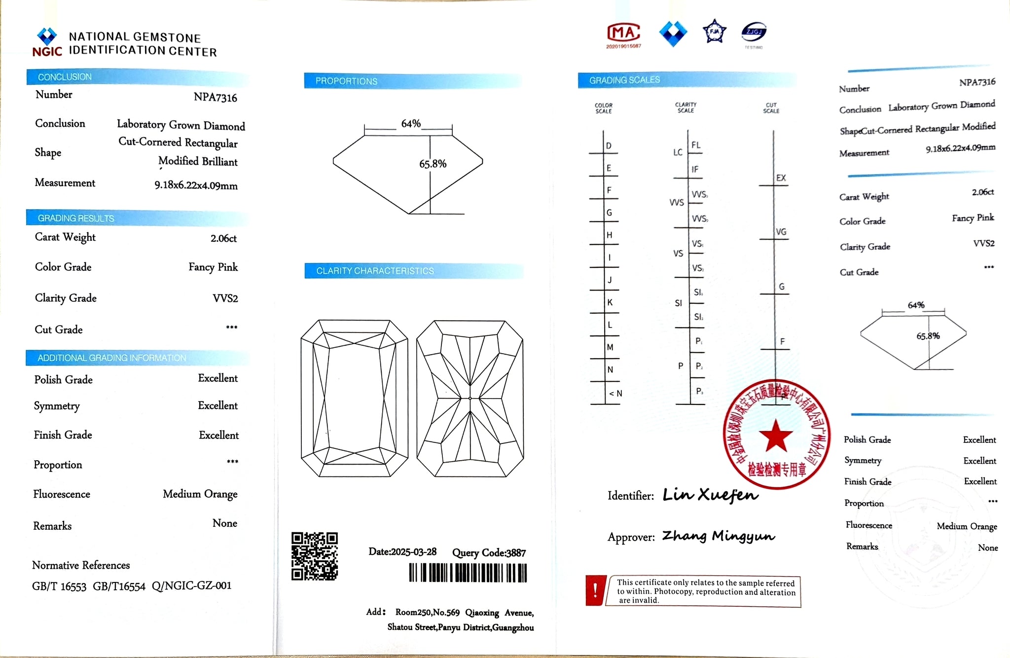 NGIC document for 2.06ct radiant cut fancy pink VVS2 lab diamond
