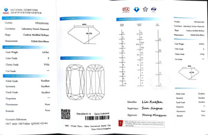 "NGIC certificate for 2.076ct modified elongated cushion cut E color VVS2 lab diamond"