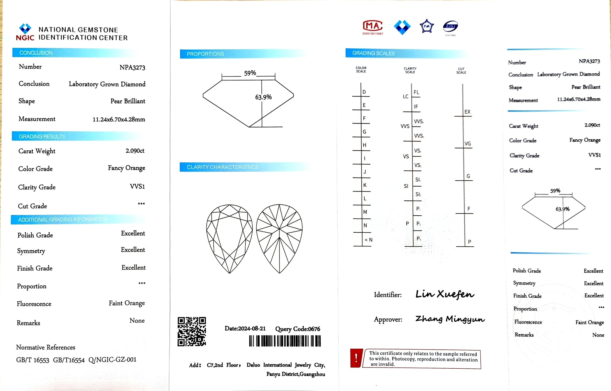 NGIC certificate for 2.090ct pear fancy orange VVS1 lab diamond (NPA3273)