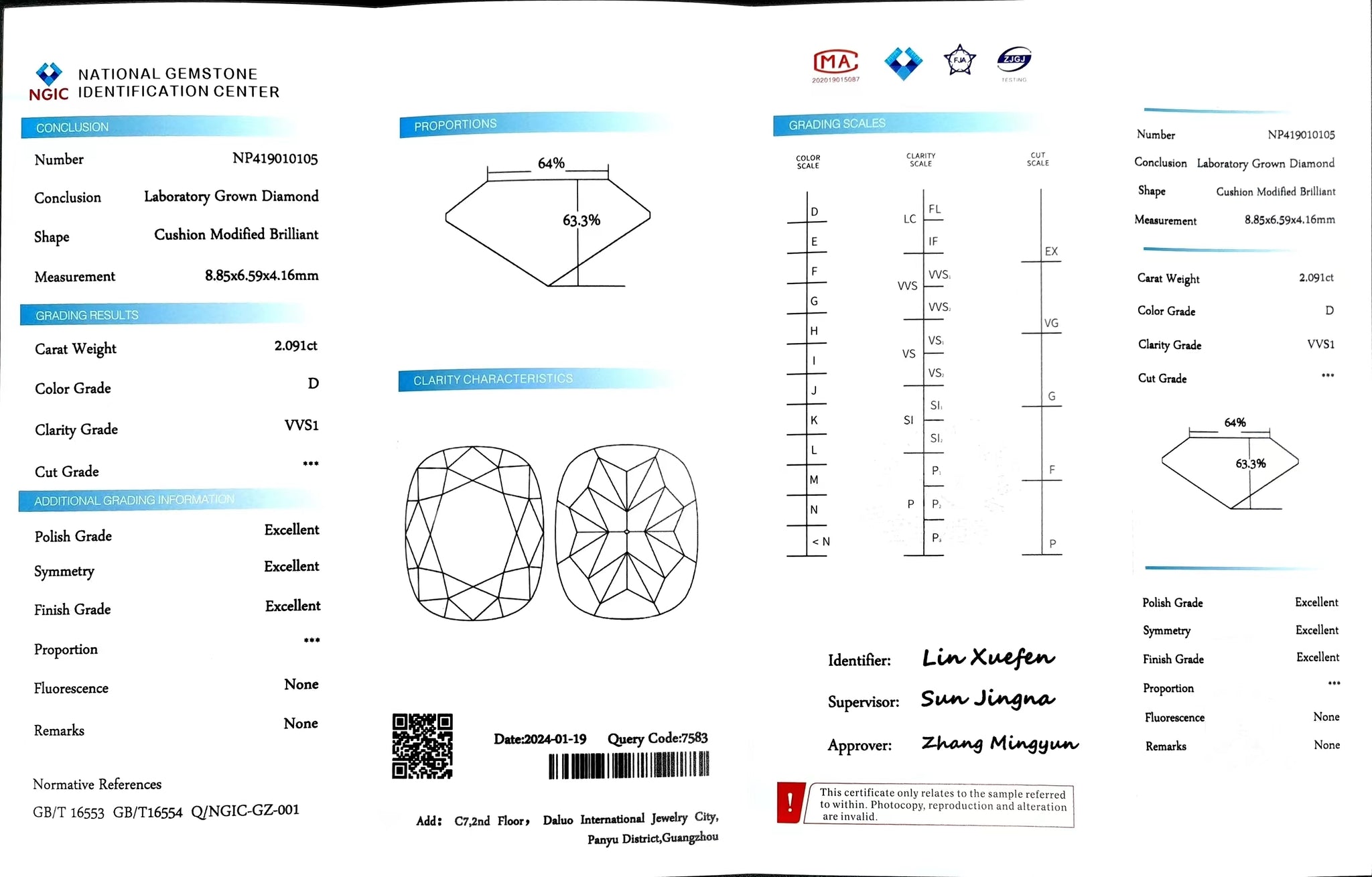 "NGIC certificate for 2.091ct cushion cut D color VVS1 lab diamond"