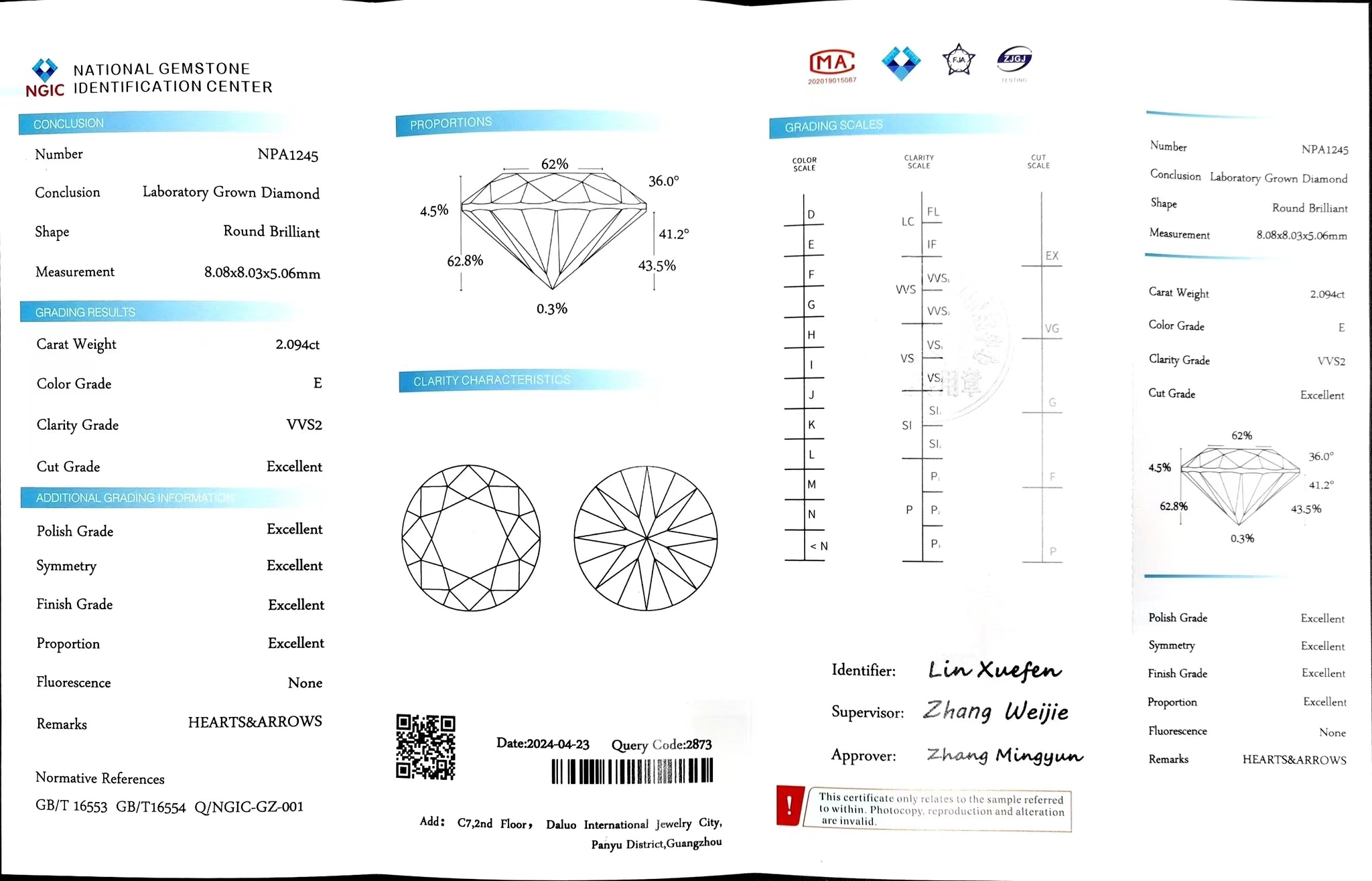 "NGIC certificate for 2.094ct round cut E color VVS2 lab diamond"