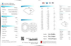 "NGIC certificate for 2.105ct cushion cut F color VVS2 lab diamond"