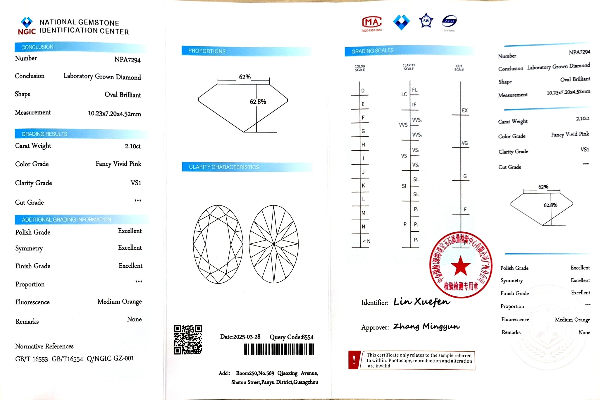 GIC certificate for 2.10ct Oval Fancy Vivid Pink VS1 lab-grown diamond by DovEggs