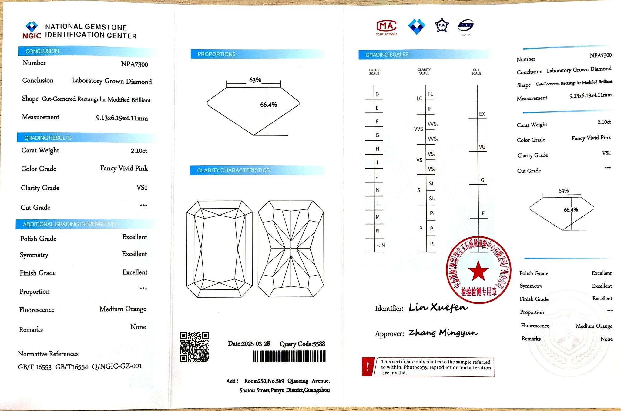 NGIC certificate for 2.10ct radiant cut fancy vivid pink VS1 lab diamond