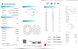 "NGIC certificate for 2.117ct cushion cut E color VVS1 lab diamond"